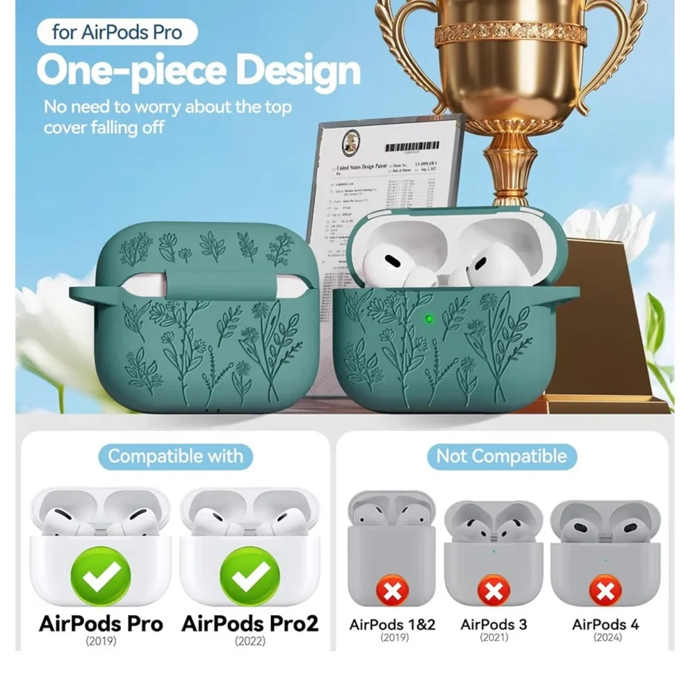 BRAND NEW Green Floral Silicone Case for AirPods Pro 2nd/1st Gen & Cleaning Tool